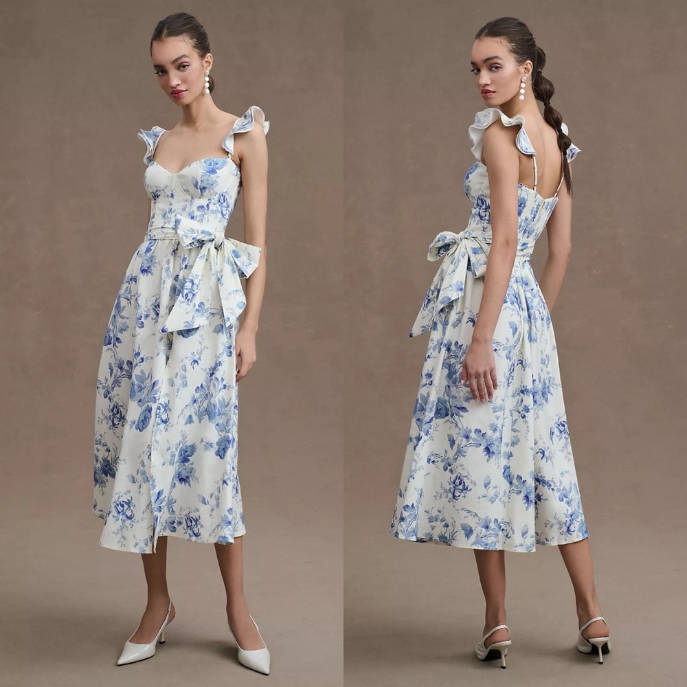 V. Chapman Vera Ruffle-Strap Corset Side-Slit Midi Dress